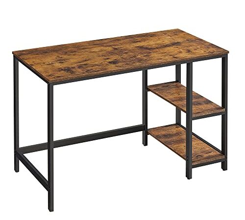 VASAGLE Bureau informatique, Table d’étude, avec étagère à 2 niveaux à gauche ou à droit, pour bureau, salon, cadre en métal, style industriel, Marron Rustique et Noir LWD47X