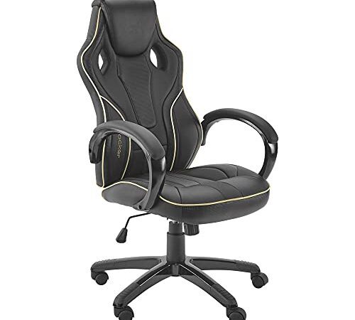 X Rocker Maverick Chaise de jeu PC, chaise de bureau ergonomique à dossier mi-hauteur, cuir PU, base pivotante réglable en hauteur avec courbe de soutien lombaire naturel - Noir et or