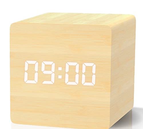 aboveClock Réveil Numérique, Réveil Matin LED Horloge Digitale avec Affichage Date, Température, 3 Alarmes, 4 Niveaux de Luminosité, Horloge Numérique Alimenté par Batterie ou USB【Bois Foncé】