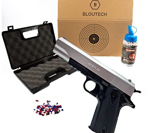 AIRSOFT PISTOLET CULASSE METAL A RESSORT/2000 BILLES 6MM/AVEC SON CARTON BLOUTECH IMPRIMES MULTI-CIBLES AVEC RECUPERATEUR DE BILLES/TIR/MALETTE/0.5 JOULES/MOYEN DEFENSE LEGAL/JOUER/FAIRE FUIR NUISIBLE