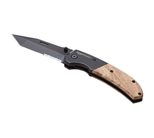 Amazon Basics Couteau de poche tactique pliant en acier inoxydable, avec manche en bois de qualité supérieure pour la chasse, le camping, la survie en plein air et le transport quotidien