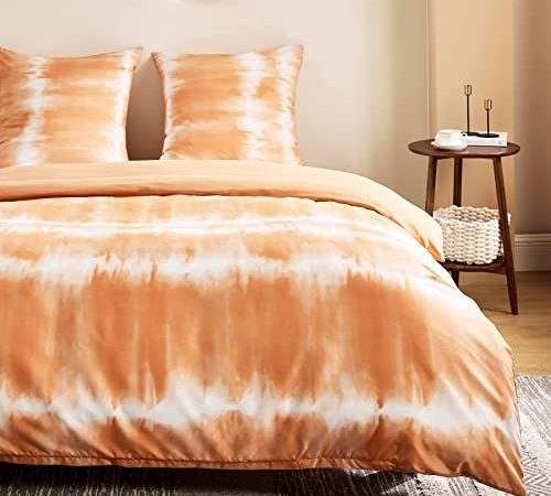 Bedsure Housse de Couette 220x240 Orange - Parure de lit Adulte avec Fermeture Éclair, Parure Housse Couette 2 Personnes Imprimée Tie-Dye, Linge de Lit en Microfibre avec 2 Taie d'oreiller 65x65