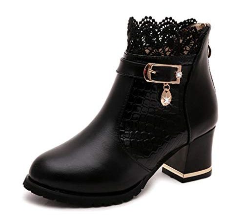 Bottes Femme Hiver 2022, Bottes Noires Femmes Bottines Habillees, Bottes Talons Hauts Dentelle Floral Plateforme Cuir Bottes Rondes Orteil Mignon Dress Bottes Classiques Chelsea Bottes