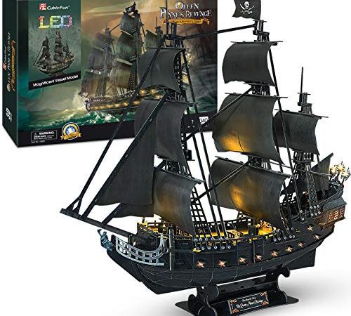 CubicFun Puzzle 3D LED 68 CM Black Pearl - Maquette de Bateau de la Queen Anne's Revenge, Cadeau d'anniversaire pour Adulte, 340 Pièces