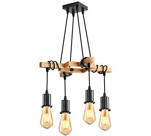 DAXGD Suspension Luminaire Industrielle, Luminaire Plafonnier E27 Bois, Lustre Noir Réglable en Hauteur pour Chambre Salon ou Restaurant, 4 ampoules NON INCUSES