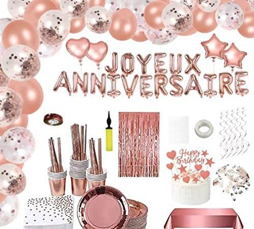 Décoration Anniversaire Rose Or, Guirlande Happy Birthday, Service de Table en Rose-Or,30 invités Vaisselle Jetable Or Rose, Assiettes Anniversaire Papier Tasses,Anniversaire Ballon Rose Kit