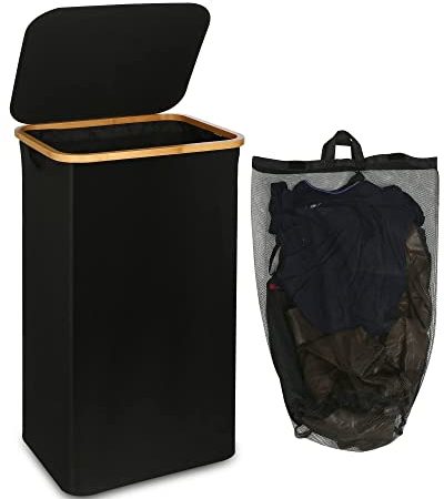 efluky Grand Panier à Linge avec Couvercle, 100L Grand panier linge sale avec Poignées en Bambou pour Vêtements, bac a linge laundry basket Pliable Grand XXL Pliable avec Sac Intérieur Noir