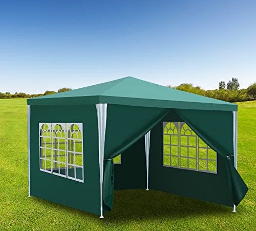 Gimisgu Tonnelle étanche 3 x 3 m - Vert - Protection UV - Avec 4 panneaux latéraux et fenêtres - Tonnelle de jardin de qualité supérieure pour festival, fête, marché