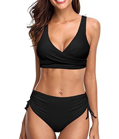 heekpek Maillots de Bain Femme 2 Pièces Taille Haute Rembourré Bikini Push Up Ensembles Bikini Deux Pièces Maillot de Bain Dos Nu, Noir, Taille M