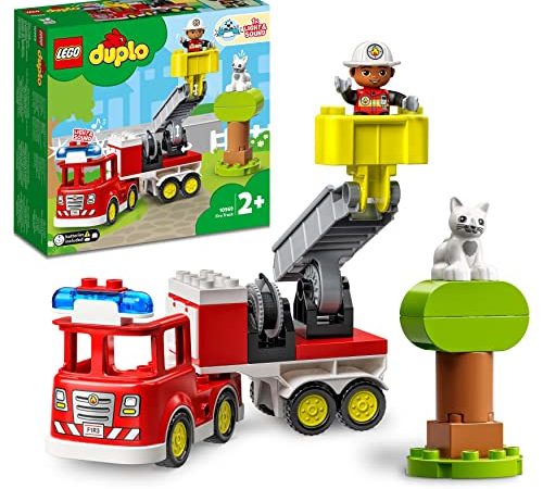 LEGO 10969 Duplo Town Le Camion de Pompiers, Jouet de Construction, avec Lumières et Sirène, Figurine Chat, Centre de Secours, Jeu Éducatif 2 Ans