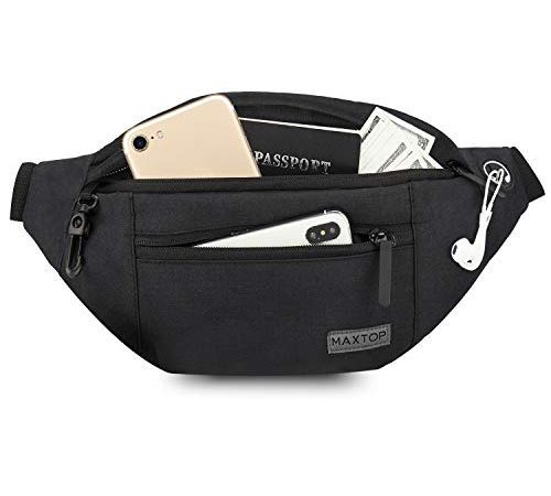 MAXTOP Sac Banane Homme Femme Sac Banane Unisexe avec Prise Casque et Poches à 4 Fermetures à glissière Ceinture réglable pour la randonnée d'entraînement en Plein air