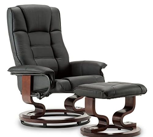 MCombo Fauteuil de Relaxation inclinable, pivotant à 360°,avec Tabouret, pour Salon, Cuir synthétique, 9019 (Noir)