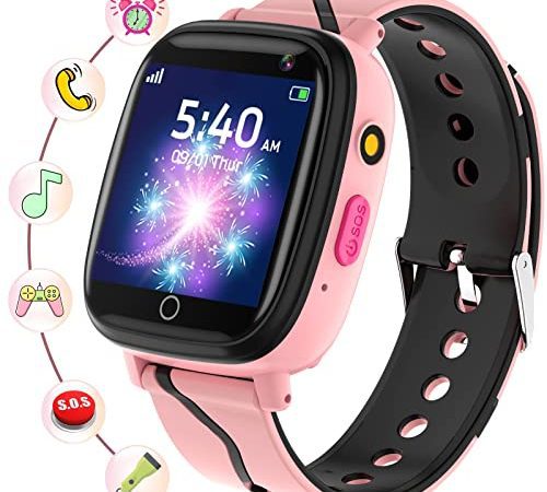 Montre Connectée Enfant - Smartwatch Telephone Fille Garçon avec Appel SOS, 14 Jeux, Musique, Appareil Photo, Lampe de Poche, Reveil, Smart Watch Intelligente pour Enfants 4-12 Ans Cadeau (Rose)