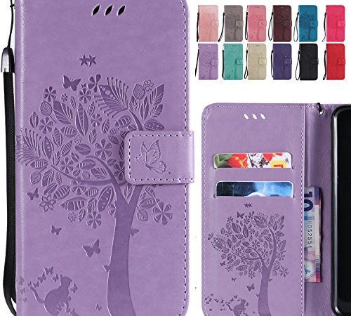 Ougger étui pour Etui pour Huawei Mate 20 Lite Housse, Etui Cuir Magnétique Protecteur Pochette Silicone Flip Cover Coque pour Huawei Mate 20 Lite avec Fente pour Carte, Chat Arbre (Violet Clair)