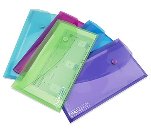 Rapesco 0690 Pochette Porte-Documents avec Bouton-Pression, Format DL, Couleurs Vives Transparentes, Lot de 5