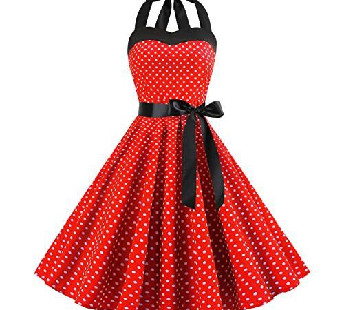 Robe Vintage Années 50 Femme Retro Rockabilly Pin Up Élégante Robes sans Manche Dos Nu Décolleté en Cœur Polka Dot Trapèze Mariage Cocktail Soirée Fête Cérémonie Décontractée au Genou Midi Rouge S