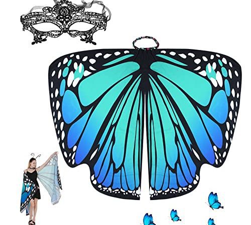 TSHAOUN Ailes de papillon pour adulte - Cape aile de fée pour femme - Accessoire de cosplay - Cape papillon pour costume d'Halloween (bleu)