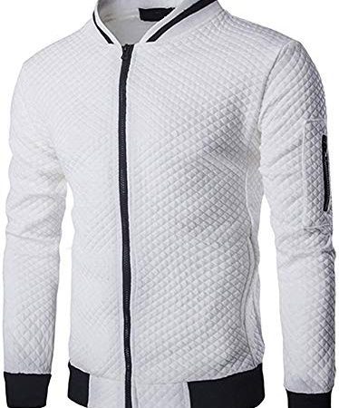 Veravant Sweat-Shirt Homme Manches Longues Pull Uni Zippé Bomber Blouson Veste Sport - Blanc - Large