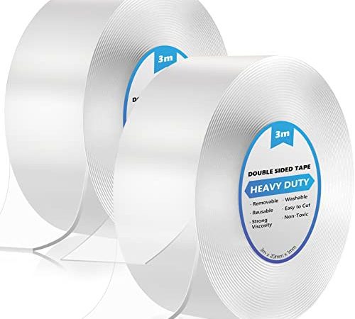 6M Double Face Extra Fort, 2 Pièces Double Face Transparent, Ruban Adhésif Double Face Puissant Nano Tape Sans Percer Réutilisable Multifonctionnel Lavable Pour Les Tapis et Les Voitures (3 M x 2 CM)