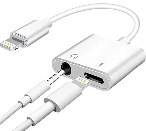 Adaptateur Casque pour iPhone 【Certifié MF 】 2 en 1 Lightning vers Jack 3,5 mm Prise Casque Adaptateur câble AUX câble de Charge Compatible avec iPhone 13/12/11/XS/XR/8/7