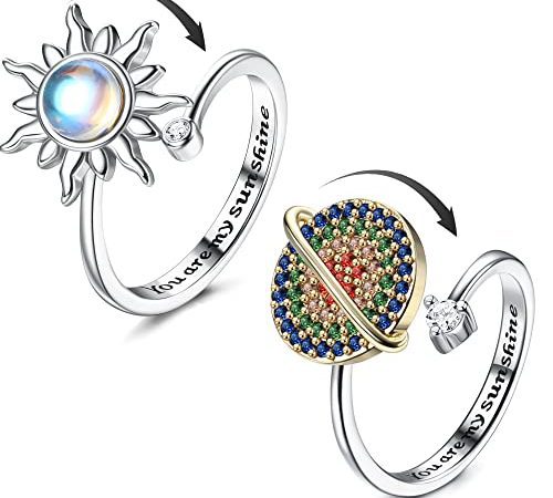 Adramata 2Pcs Argent Anti Stress Bagues pour Femme Tournesol Spinner Bague Ajustement Bague Anxiété Pierre de Lune Bague Anxiété Réglable Ouverts Fidget Bague pour Femme Anti Stress