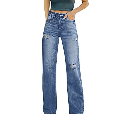 BIBOKAOKE Baggy Jeans Femme Taille Haute Droite Jeans Jambe Large Jean Loose Droite Pantalon Bootcut Jeans Jeans Lisse Jeans Y2K Style Vintage Pantalon Adolescent Fille Streetwear