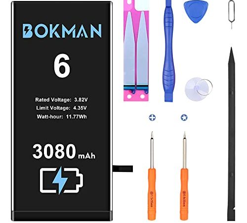 bokman Batterie Interne pour iPhone 6 3080mAh, Batterie Polymère Li-ION Haute Capacité avec Trousse à Outils et Bandes Adhésives