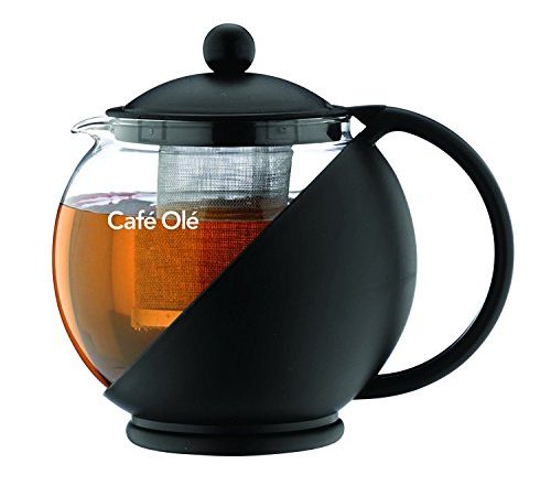 Café Olé Théière ronde pour infuseur de théière de tous les jours, théière en verre, feuilles mobiles, 700 ml/24 oz, noir, 700 ml / 0,7 l