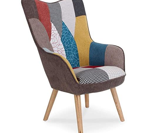 Chaise/Fauteuil Scandinave Patchwork Capitonné | Assise Confortable en Tissu et Pieds en Bois | Modèle Klarys | L67 x P75 x H100 cm