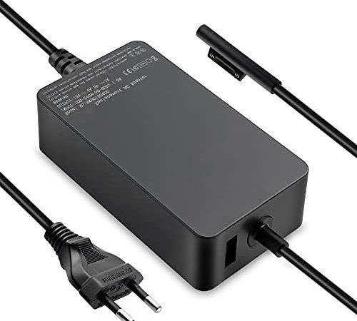 Chargeur Surface Pro, 65W 15V 4A Chargeur pour Microsoft Surface Pro 8/7/6/5/4/3/X, Surface Laptop 4/3/2/1, Surface Book 1/2 & Surface Go 1/2, Chargeur Tablette Windows 1796 1800 avec Port USB