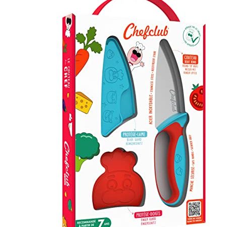 Chefclub Kids- Kit Couteau de Cuisine pour Enfants - Lame Acier Inoxydable - Protège-Doigts et Protège-Lame - Ustensile Sécurisé et Ergonomique - Bleu & Rouge