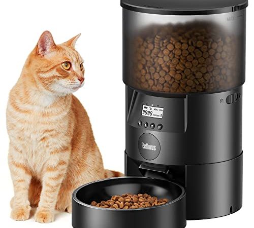 Distributeur Croquettes Chat Automatique 3L, Rellorus Gamelle Nourriture Automatique pour Chat et Chien, 10S Vocal Programmable, 4 Repas par Jour