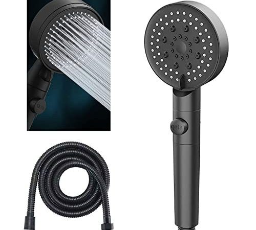 Diyxisk Pommeau de Douche à économie D'eau à 5 Modes,Pommeau de Douche Réglable,Arrêt à Un Bouton,Haute Pression Salle de Bain Universel (Noir)