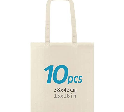 ENERGY FUSION Tote Bag, Lot de sacs 100% coton naturel, à longues anses, lavables et réutilisables. Sac en jute. Cabas en Tissu à Poignées Solides pour les Courses, longues poignées. Sac Shopper.