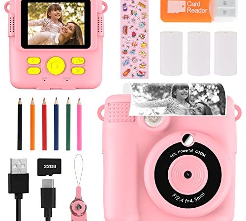 GGISUI Appareil Photo Enfant à Impression Instantanée, 2.4 Pouces Appareil Photo pour Enfants, 40MP/1080P Caméra Enfant avec 32G SD Carte,Lecteur Carte,Stylos Couleur,Cadeau pour Enfants (Rose)