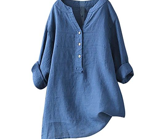 Générique Blouse en Lin Femme Oversize Manches Longues en Vrac Blouse en Lin Col en V Bouton Unicolore Chemise Chemise d'été Longshirt Hauts Tunique Chemise Tops Hauts en Lin