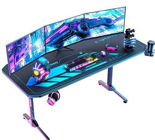 Himimi Bureau Gaming 160 cm, 160 x 75 x 75 cm Ergonomic Bureau Gamer Bureau Informatique, Gaming Table Desk pour à Domicile avec Grand Tapis de Souris Porte Gobelet Support Casque & Poignée de Jeu