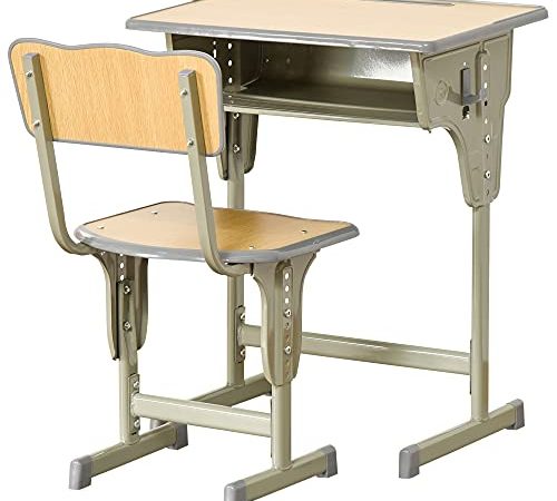 HOMCOM Bureau Enfant Vintage Style pupitre d'écolier - Ensemble Bureau et Chaise réglable - Case de Rangement, Bracket, Range-stylos - Acier Kaki MDF Aspect Bois Clair