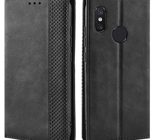 HualuBro Coque Xiaomi Mi 8, Etui Housse à Rabat en Retro PU Cuir Flip Leather Case Cover Antichoc Portefeuille Protection Stand Coque pour Xiaomi Mi 8 (Noir)