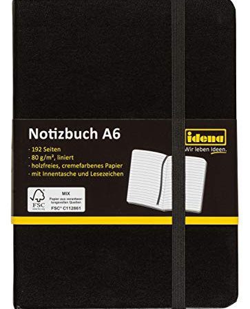 Idena 209285 - Carnet de notes DIN A6, ligné, papier crème, 192 pages, 80 g/m², couverture rigide en noir, 1 pièce