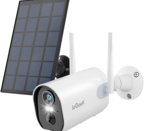 ieGeek 2K 3MP Camera Surveillance WiFi Exterieure sans Fil, 15m Vision Nocturne en Couleur Camera Solaire avec Panneau Solaire, Détection Humaine PIR, Audio Bidirectionnel, Alarme Sonore et Lumineuse