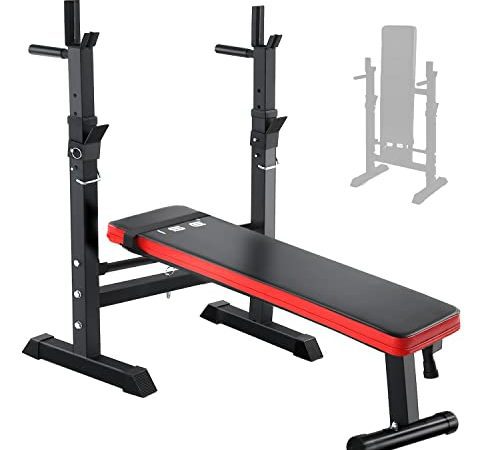 ISE Banc de Musculation Pliable Réglable avec Support de Barres pour Haltère et Station à Dips, Bancs de Musculation Réglables Rouge et Noir SY-544-BK