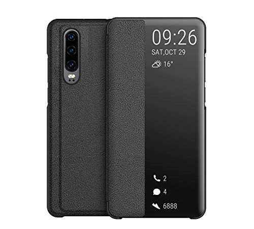 KANSI Coque Compatible pour Huawei P30, Smart View Flip Faux Cuir Coque + Protection Ecran - Noir