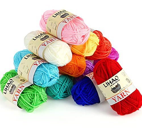 LIHAO Laine à Tricoter, Pelote de Laine en 100% Acrylique, 12 couleurs Laine Crochet, Pelotes de laine et fils (26 M/pcs) pour débutants, amateur, etc