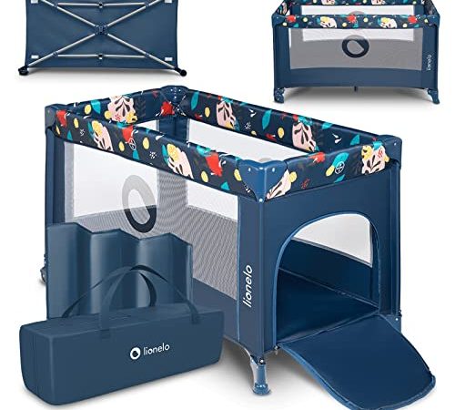 LIONELO Stefi Cuna Bebe Parque Infantil Bebe Apertura Lateral colchoneta protección contra el Plegado LockGuard Lados de Tela de Malla Bolso de Transporte (Azul Oscuro)