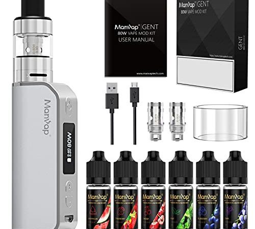 Manvap Cigarette Électronique Kit Complet- 80W GENT Vape E Cigarettes Électroniques Avec 6x10ml E liquide, 0.3Ohm d'Atomiseurs, Top Fill Atomiseur 2ml, Sans Nicotine(Silver)