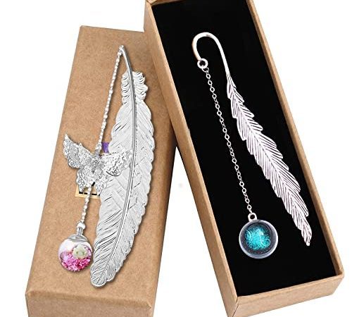 Marque-page Plume Cadeau d'anniversaire métal ,2PCs Femmes Enseignants et fête des mères Papillon et Fleur Sèche Éternelle Perles de Verre Pendentif Idéal Cadeau pour les lecteurs, les enfants