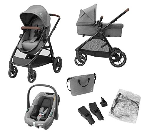 Maxi-Cosi Zelia S Trio Poussette 3 en 1, Poussette Bébé Pliable, Compacte et Inclinable, avec Siège Auto Bébé CabrioFix S i-Size, Accessoires, Sac à Langer, 0 à 4 Ans, Jusqu'à 22 kg, Gris