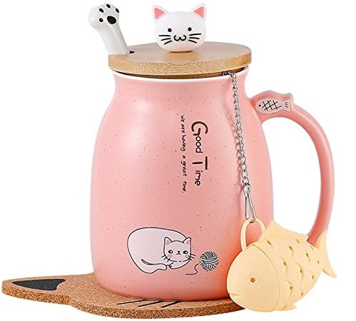 MengCat Tasse de chat,Tasse à café en céramique mignonne avec Lovely Kitty couvercle en Cuillère en acier inoxydable, Nouveauté Coupe du matin thé Lait Noël Agresser Cadeau 380ML