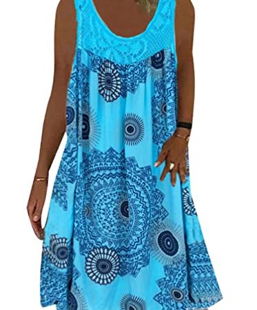 Minetom Dentelle Robe Été Femme de Plage Rétro Robes Col Rond Robes au Genou sans Manches Imprimé Floral Casual Tuniques Ample A Bleu Clair 3XL